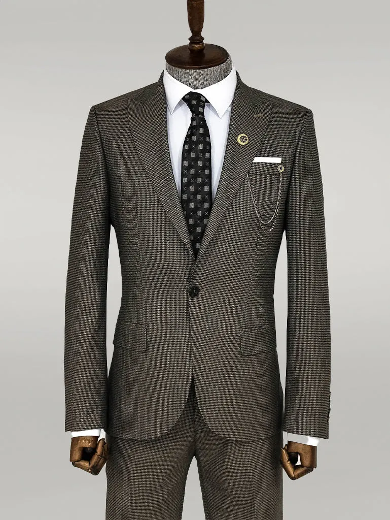 WSS Slim Fit Houndstooth Patterned 2 Piece Brown Men Suit  - Singen
