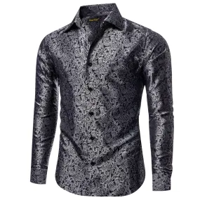 YourTies Long Sleeve Shirts Black Top Silver Jacquard Paisley Shirt