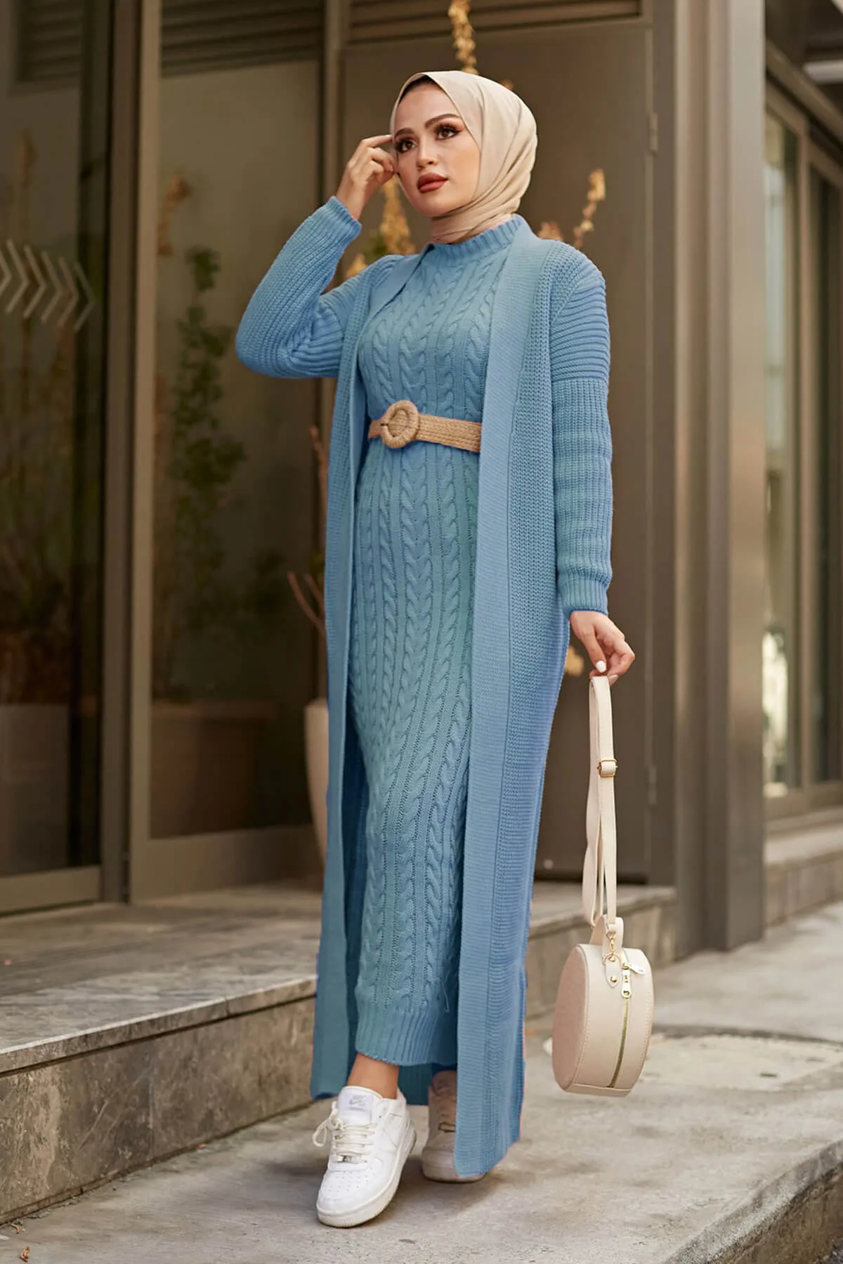 ZRF Women Knit Baby Blue Cardigan Dress Set - Medemblik